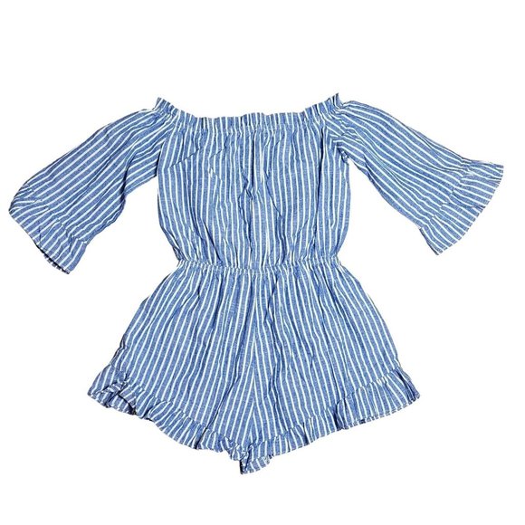 SHEIN Blue White Striped Bell Short Sleeve Romper Womens Size S Small - Picture 6 of 6